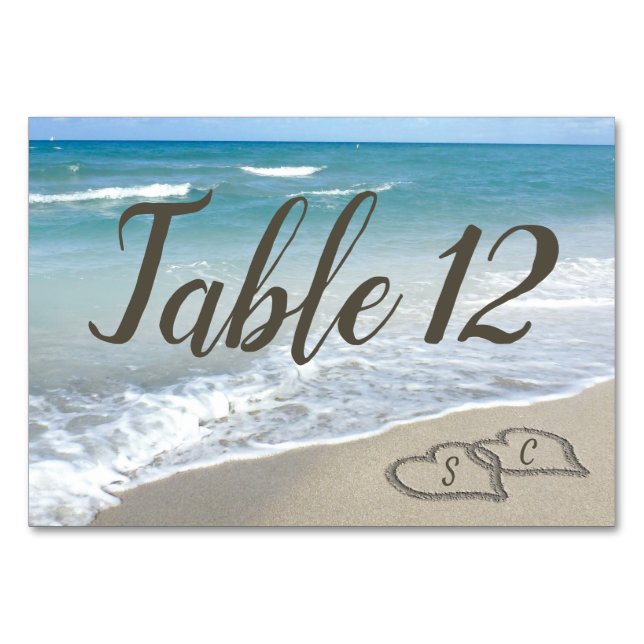 Beach Wedding Monogram Hearts in the Sand Table Number (Front)