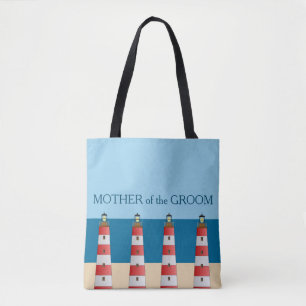 Beach wedding Mother Groom lighthouses sand sea. Tote Bag