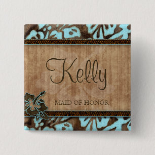 Beach Wedding Name Tag Button Luau Blue Brown