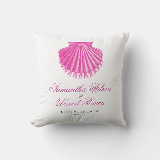 Beach Wedding Names Vintage Scallop Shell Pink Cushion (Front)