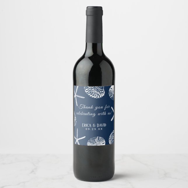 Beach Wedding Navy Blue Seashells Elegant Wedding Wine Label (Front)