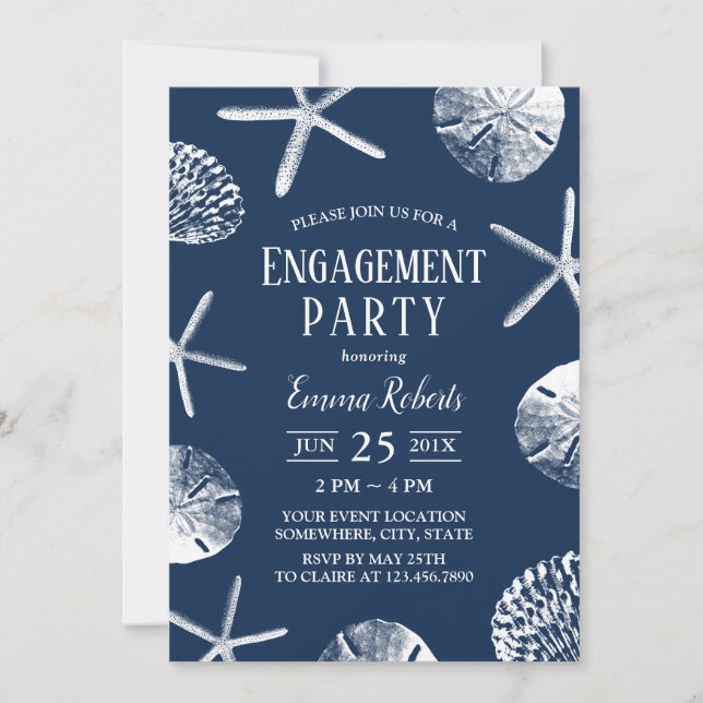 Beach Wedding Navy Blue Seashells Engagement Party Invitation (Front)