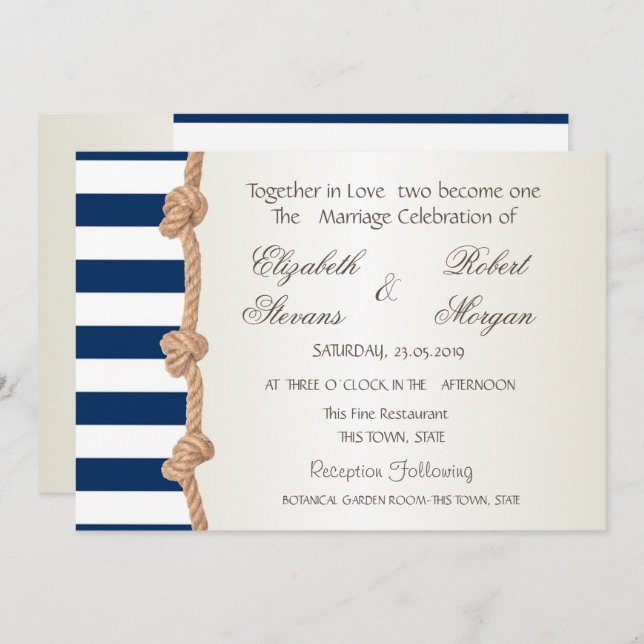 Beach Wedding Navy Rope,Hearts ,Stripes Invitation (Front/Back)
