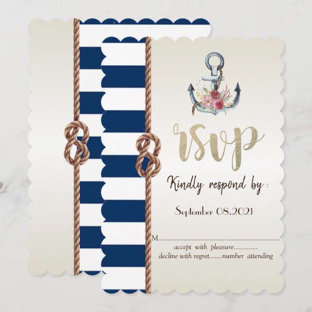 Beach Wedding Navy Rope,Striped  RSVP   Invitation (Front/Back)
