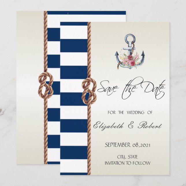 Beach Wedding Navy Rope,Striped Save The Date (Front/Back)