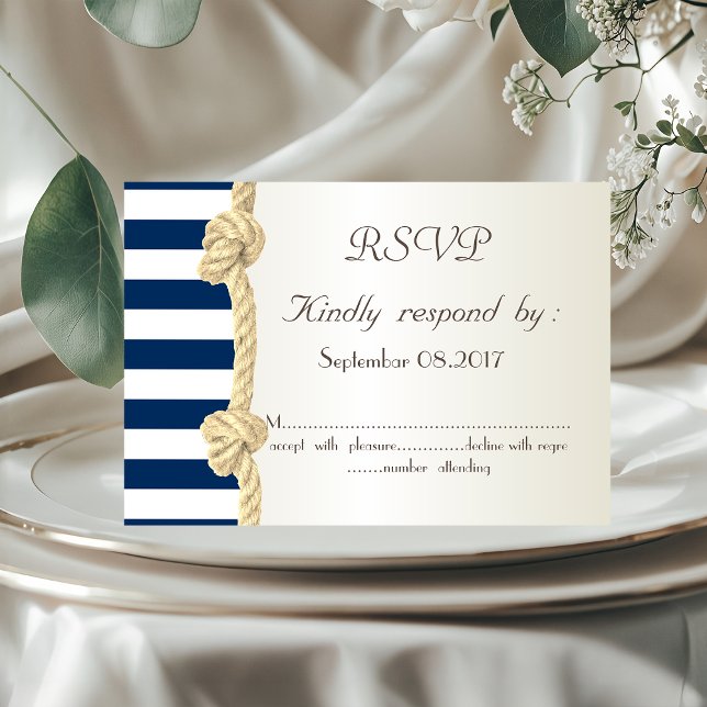 Beach Wedding,Navy Rope,Stripes Seashells  RSVP Invitation (Creator Uploaded)