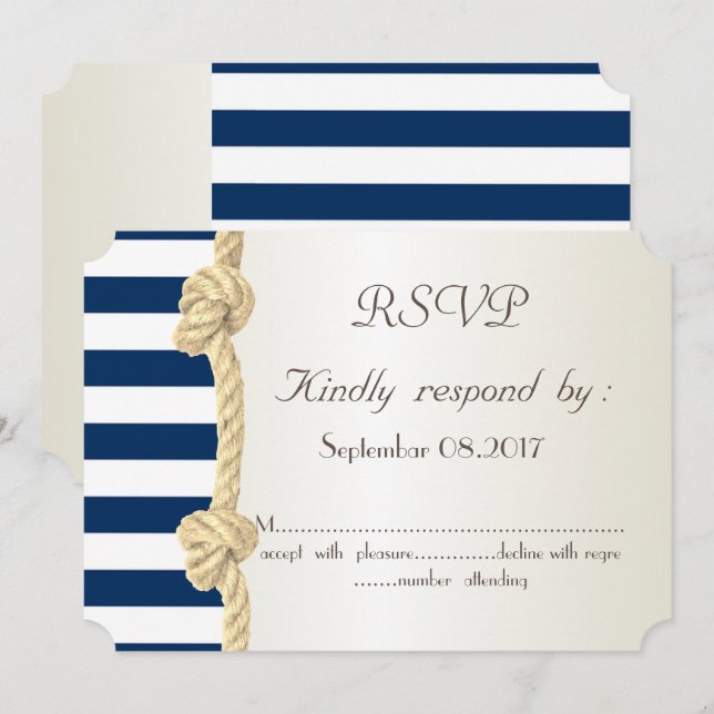 Beach Wedding,Navy Rope,Stripes Seashells  RSVP Invitation (Front/Back)