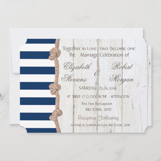 Beach Wedding Navy Rope ,Stripes,Wood  Invitation (Front)