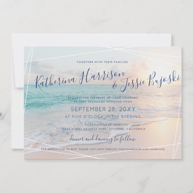 Beach Wedding Ocean Sunset Pink & Turquoise Invitation (Front)