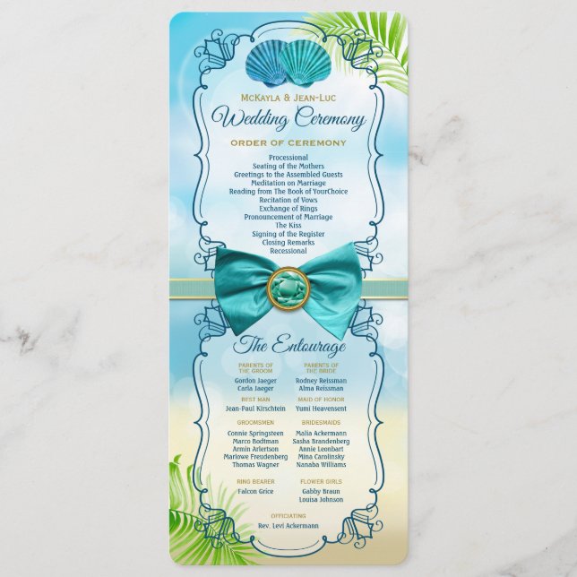 Beach Wedding Order of Ceremony Entourage Gem Bow Programme (Front)