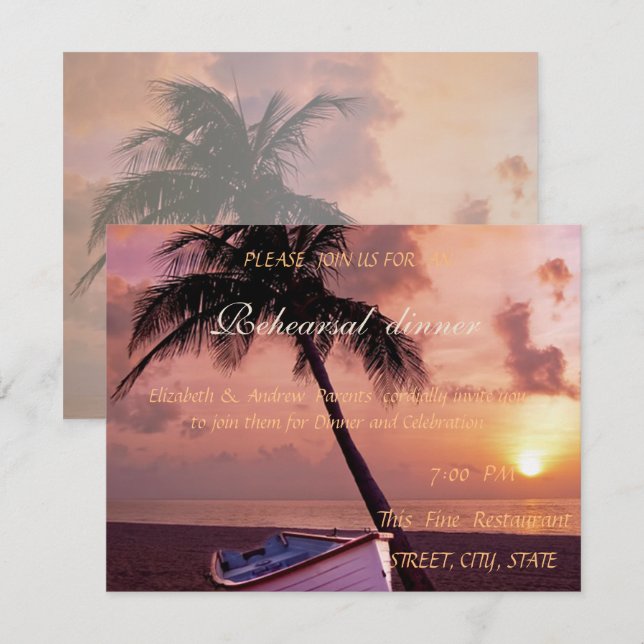 Beach Wedding Palm, Sunset, Boat Rehearsal Dinner Invitation (Front/Back)