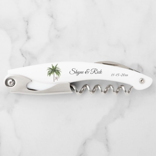 Beach Wedding Palm Tree Newlyweds Personalised Corkscrew (Front)