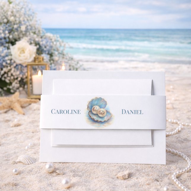 Beach Wedding Pearls Shell Elegant Ocean Theme  Invitation Belly Band (Creator Uploaded)
