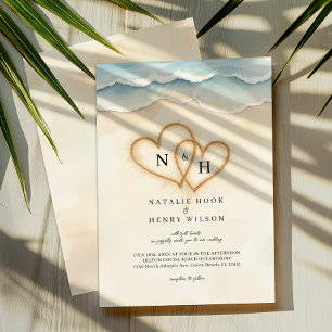 Beach Wedding Photo Invitation with Sand Hearts