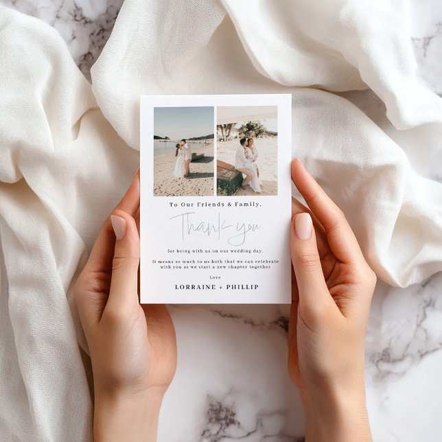Beach Wedding Photo Thank You Card (Beach wedding thank you card with elegant script and personal photo collage.)