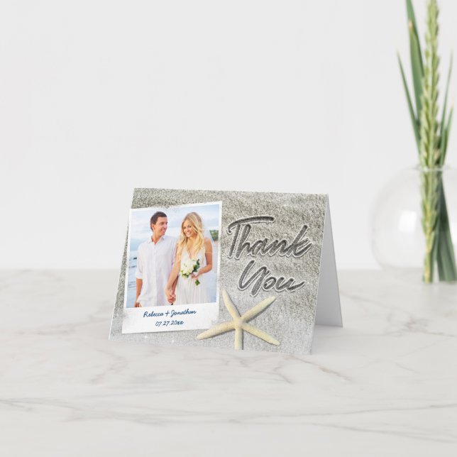 Beach Wedding Photo Thank You Cards | Sand Script (Front)