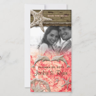Beach Wedding Photocard Dolphins Coral Shells Save The Date