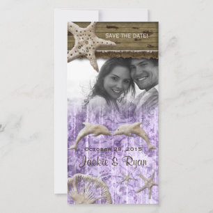 Beach Wedding Photocard Dolphins Purple Shells Save The Date