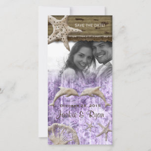 Beach Wedding Photocard Dolphins Purple Shells Save The Date