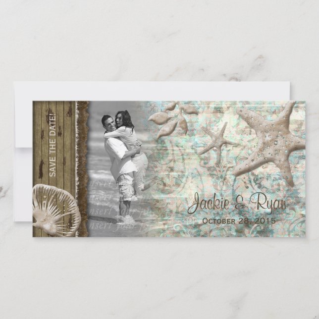 Beach Wedding Photocard Seashell Beige Wood Save The Date (Front)