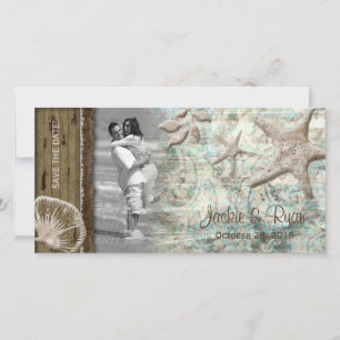 Beach Wedding Photocard Seashell Beige Wood Save The Date