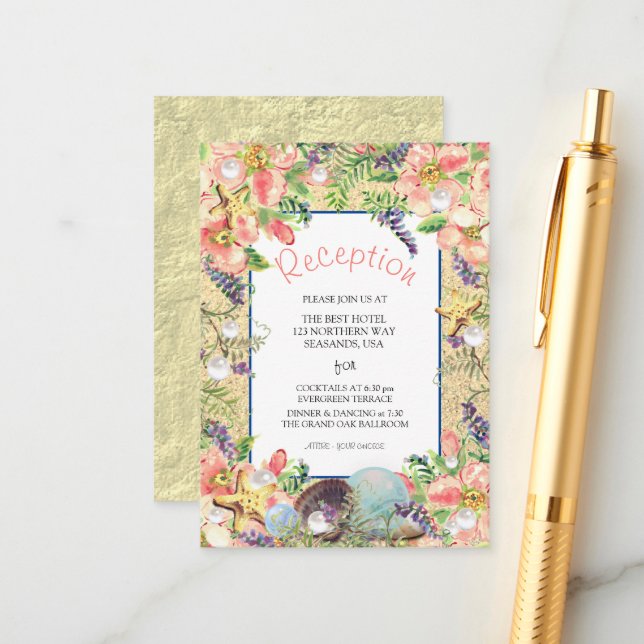 Beach Wedding Pink Floral Starfish Coral Reception Enclosure Card (Front/Back In Situ)
