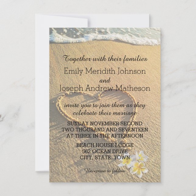 Beach Wedding Plumeria / Frangipani Sand and Sea Invitation (Front)