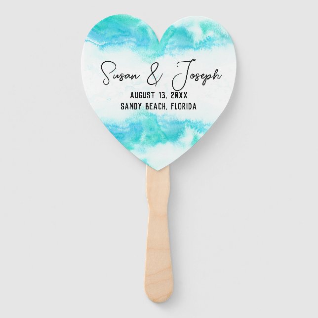 Beach Wedding Program Blue Waves Set of Fans (Front)