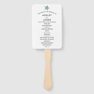 Beach Wedding Program Fan with Starfish, Blue Grey