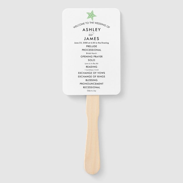 Beach Wedding Program Fan with Starfish, Green (Front)