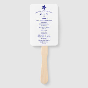 Beach Wedding Program Fan with Starfish, Navy Blue