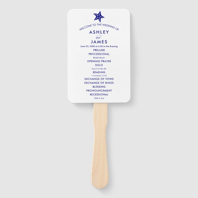Beach Wedding Program Fan with Starfish, Navy Blue (Front)