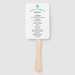 Beach Wedding Program Fan with Starfish, Turquoise