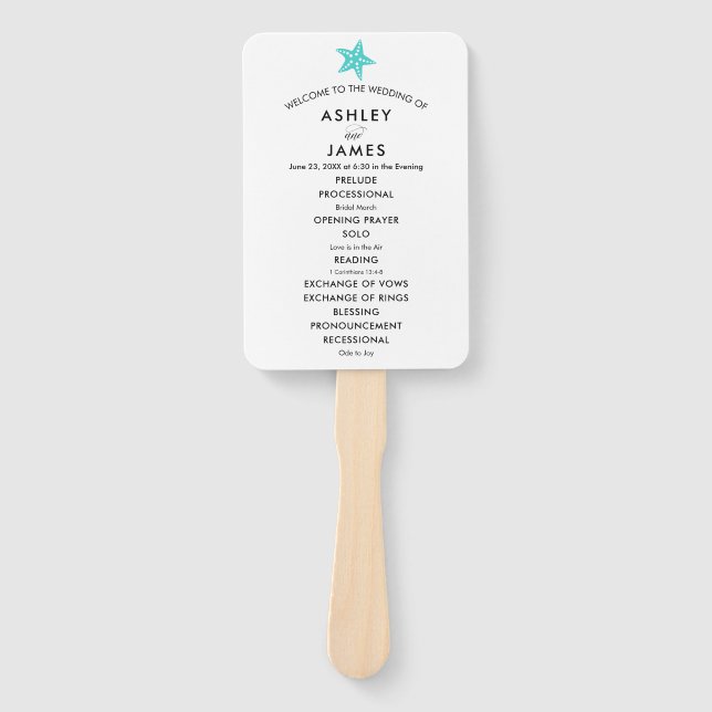 Beach Wedding Program Fan with Starfish, Turquoise (Front)