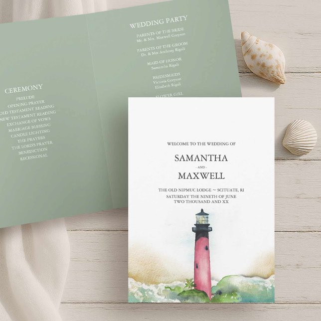 Beach Wedding Program Templates Lighthouse (Wedding program beach wedding in Florida shows watercolor Jupiter Lighthouse Victoria Grigaliunas)