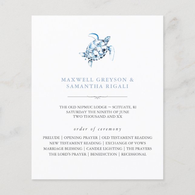 Beach Wedding Program Watercolor Sea Turtle (Front)