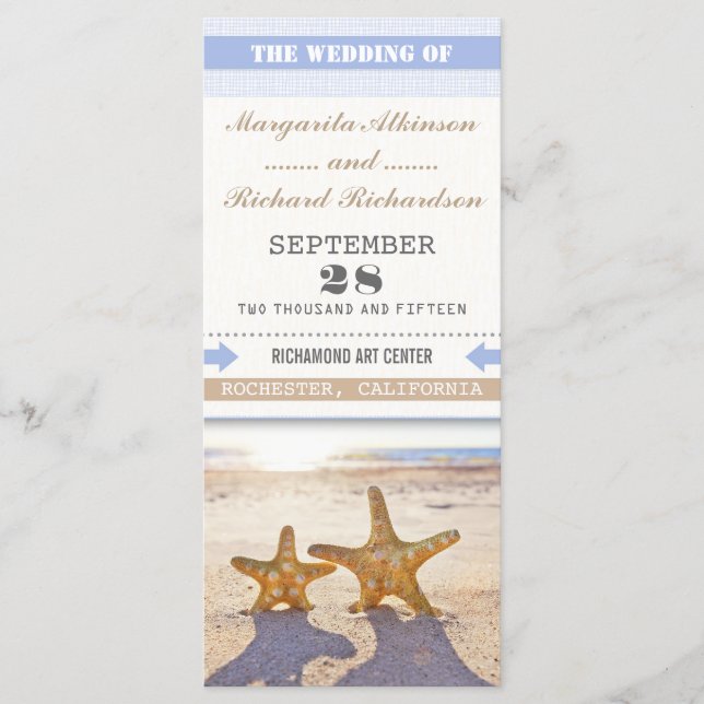 beach wedding programs with starfish couple programme (Front)