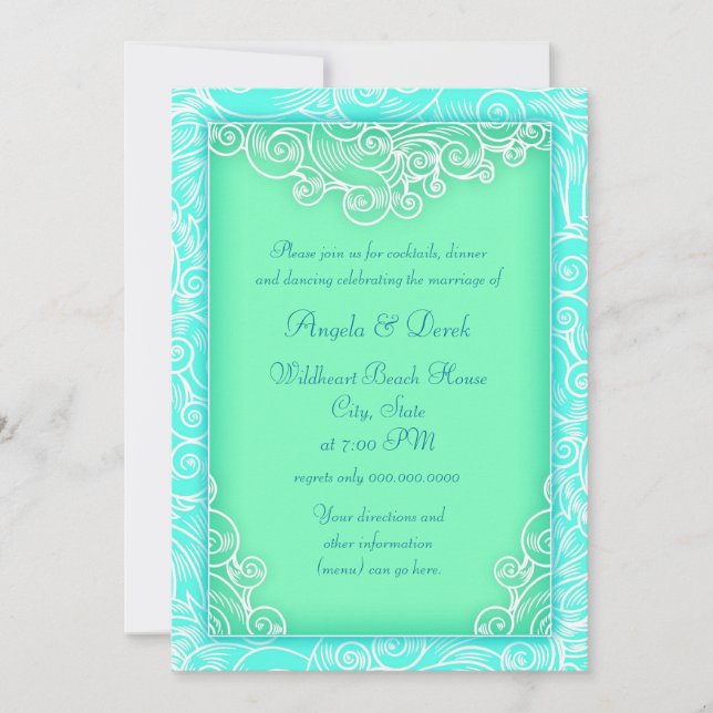 Beach Wedding Reception Aqua and Green Waves Invitation (Front)
