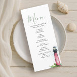 Beach Wedding Reception Lighthouse Menu Card<br><div class="desc">Elevate your beach wedding reception with this elegant dinner menu, designed to coordinate with my watercolor Jupiter Lighthouse collection. Ideal for a beach wedding in Florida, this piece of wedding decor for reception adds a personalised touch with your names and meal selections, making it perfect for rehearsal dinners, summer celebrations,...</div>