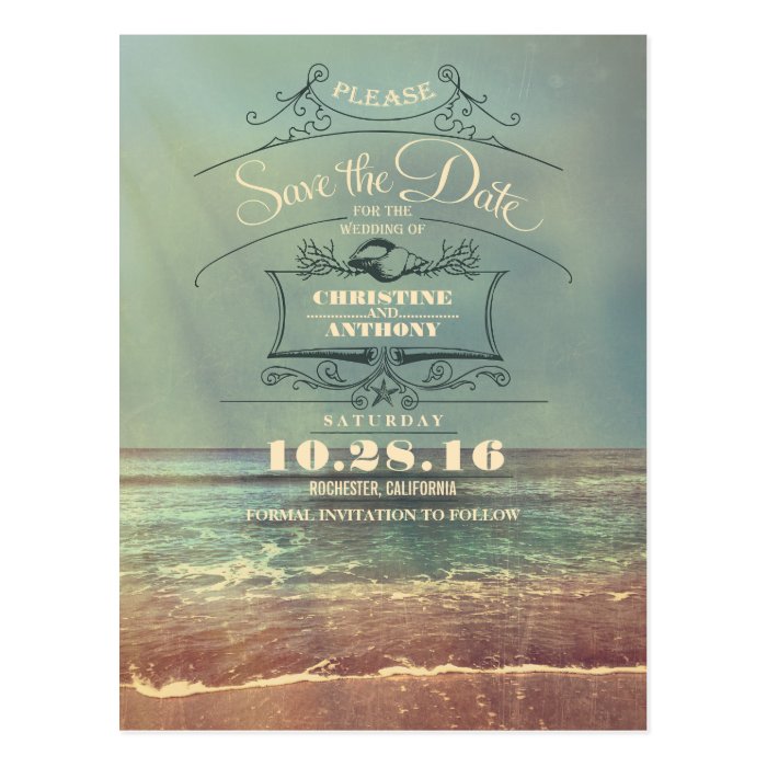 Beach wedding retro save the date postcards Zazzle