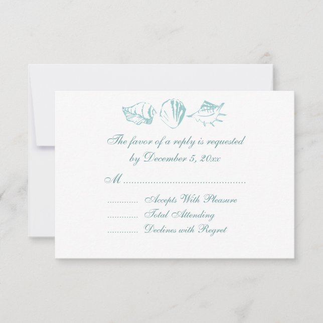 Beach Wedding RSVP Blue Seashells Card (Front)