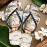 Beach Wedding Salty Toes Sandy Kisses Personalise Flip Flops<br><div class="desc">Beach scene flip flops personalised with the bride and groom initials and your bridesmaid or guest's name - perfect for favours, bachelorette weekend and weekend destination wedding welcome bags. This charming design features a montage of watercolor scenes of a wooden wedding ceremony pagoda, an oceanfront rustic beach sign and fairy...</div>