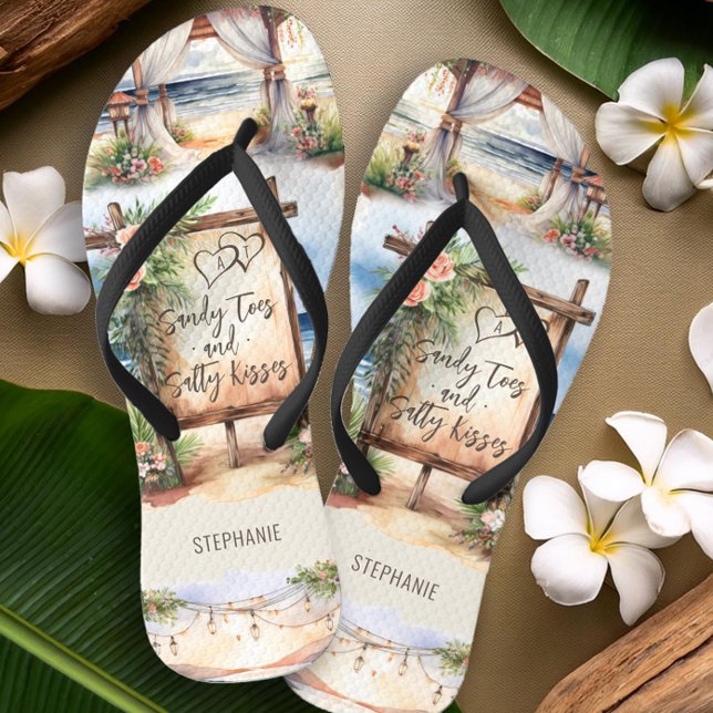 Beach Wedding Salty Toes Sandy Kisses Personalise Flip Flops (Montage personalized flip flops from the Sunset Beach Wedding Collection by Darling & May)