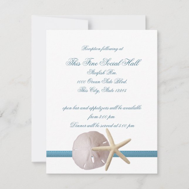 Beach Wedding Sand Dollar and Starfish Reception Invitation (Front)