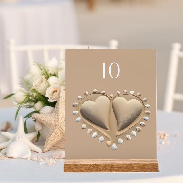 Beach Wedding Sand Hearts- Acrylic Sign (Beach Wedding Sand Hearts- Acrylic Sign Table number)