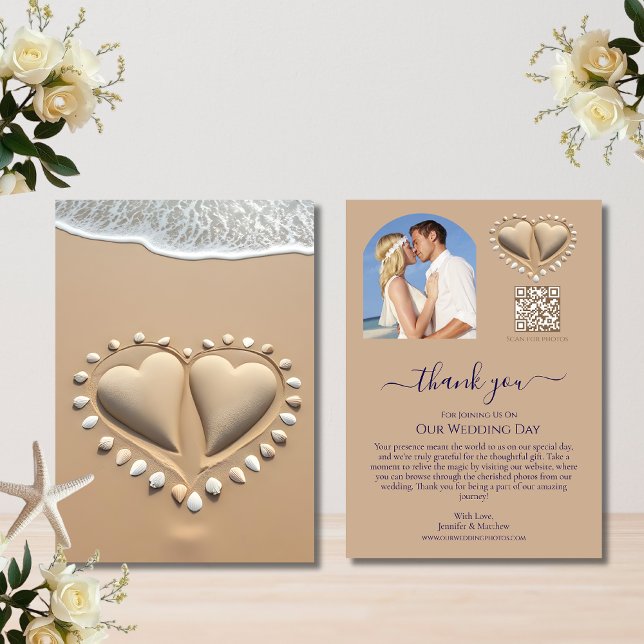 Beach Wedding Sand Hearts Invitation (Beach Wedding Sand Hearts Thank you Card)