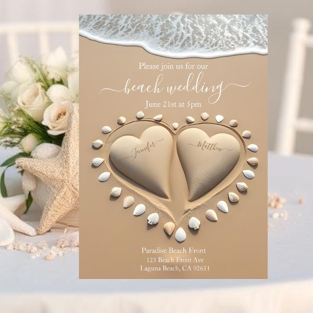Beach Wedding-Sand Hearts Invitation (Beach Wedding-Sand Hearts Invitation)