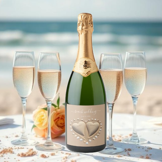 Beach Wedding Sand Hearts Sparkling Wine Label (Beach Wedding Sand Hearts Sparkling Wine Label )
