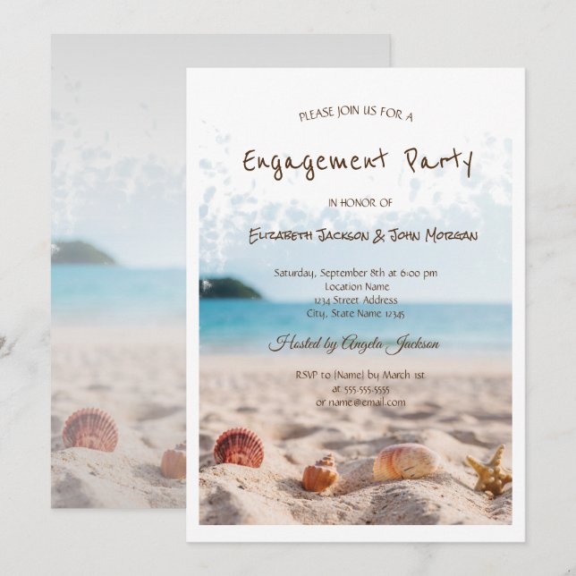 Beach Wedding,Sand, Seashells Engagement Invitation (Front/Back)