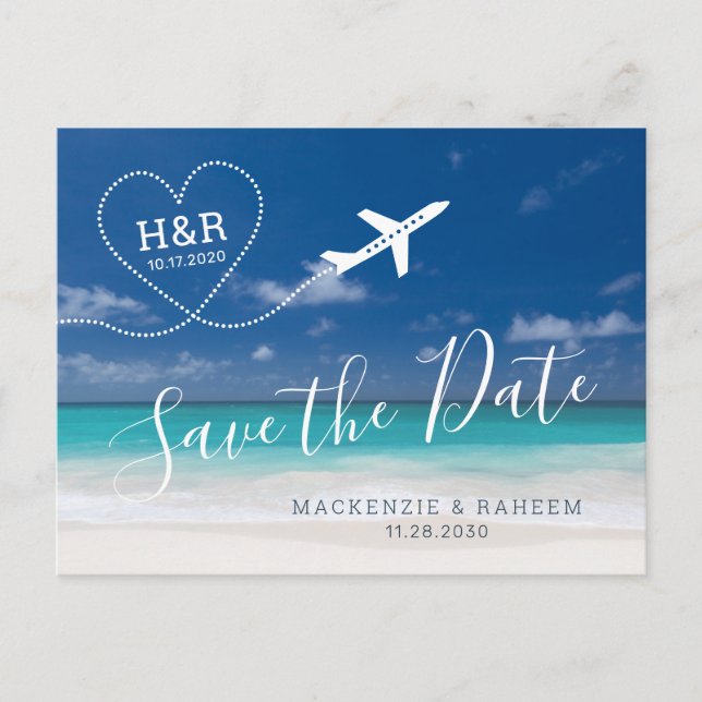Beach Wedding Save the Date Aeroplane Destination Announcement Postcard (Front)